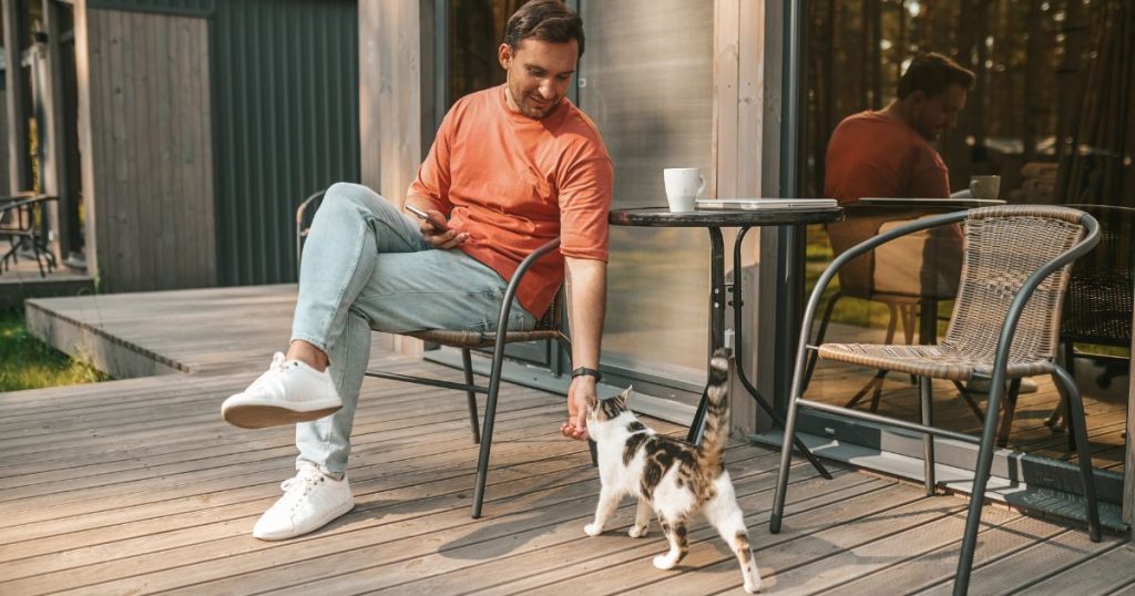 Double-sided tape placed on outdoor furniture armrest to keep cats off cushions