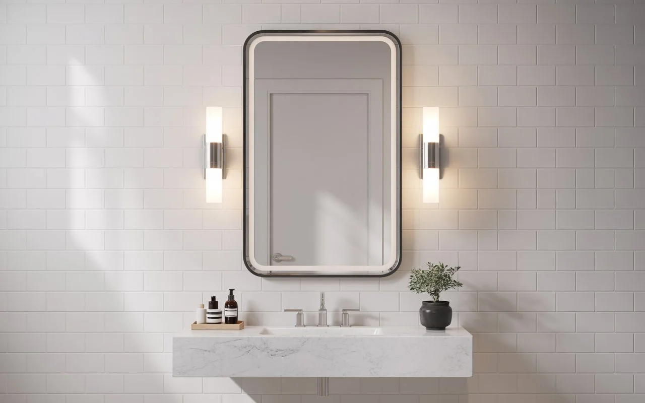 Clean modern bathroom mirror with LED lighting and minimalist styling