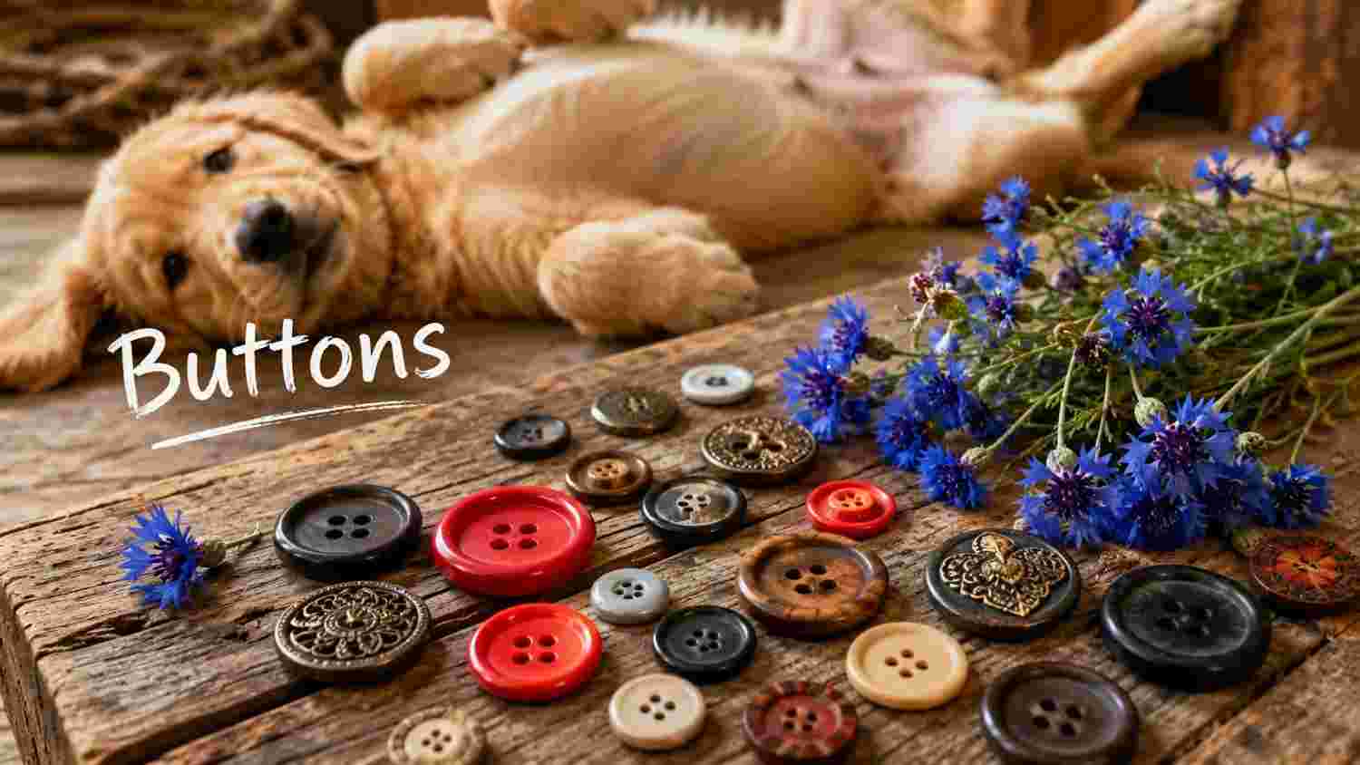 Assorted buttons and red buttons on a wooden table beside blue bachelor buttons, with a golden retriever lying in the background
