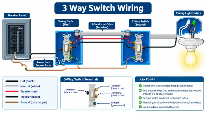 3 way switch wiring diagram showing power entering the first switch, red and black traveler wires between switches, neutral to the ceiling light, and grounded boxes.