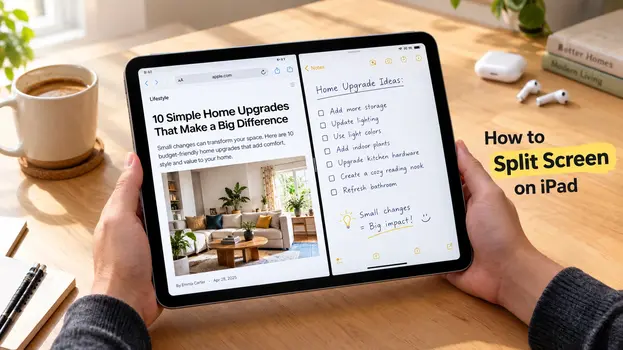 Hands holding an iPad Pro demonstrating how to split screen on iPad with Safari browser on the left and Notes app on the right.