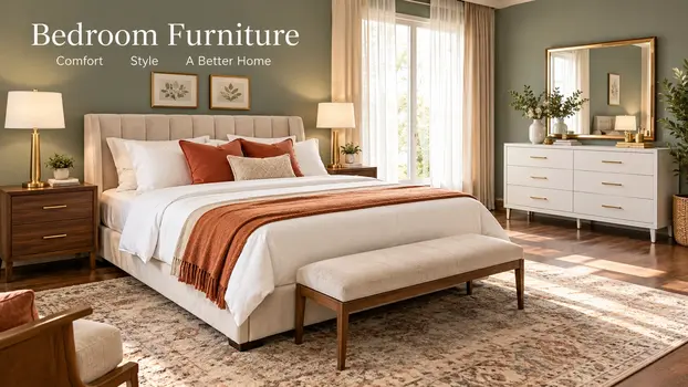 Modern bedroom furniture set with upholstered bed, walnut nightstands, white dresser with gold mirror, and terracotta accents
