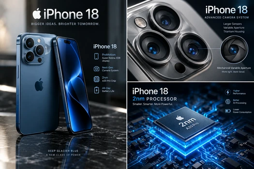 Front and back view of the Apple iPhone 18 Pro Max in Deep Glacier Blue featuring a titanium frame, slim display bezels, and reduced Dynamic Island cutout.