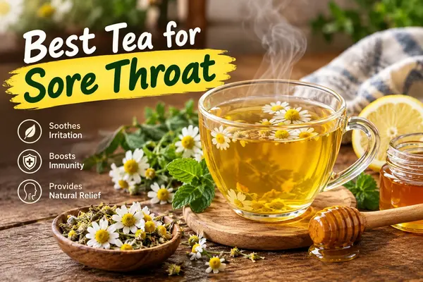 Steaming glass cup of chamomile tea with raw honey, fresh lemon, and text reading Best Tea for Sore Throat: Soothes Irritation, Boosts Immunity, Provides Natural Relief
