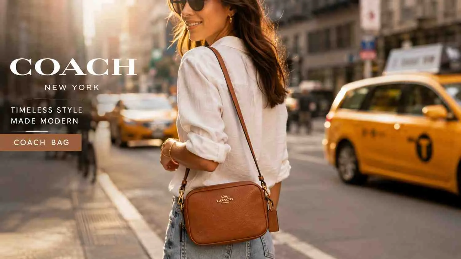 Woman wearing a classic brown pebbled leather Coach bag with gold hardware on a New York City street.