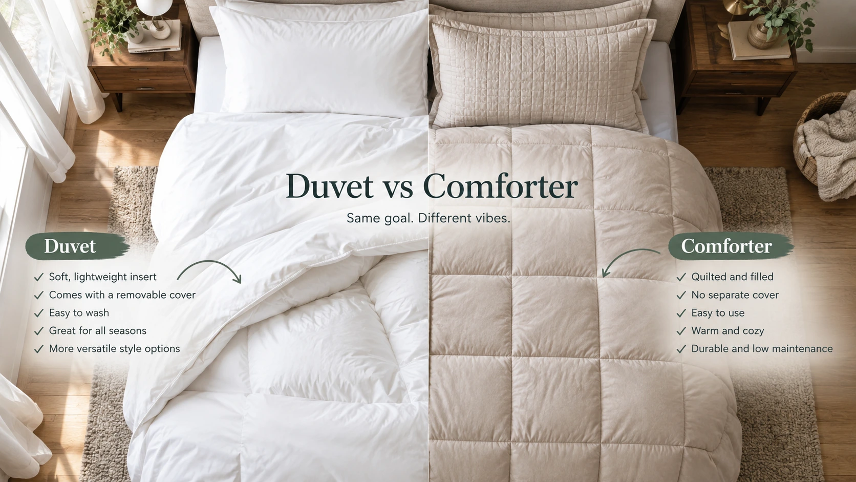 Duvet vs comforter comparison infographic showing a white duvet with removable cover on one side and a quilted beige comforter on the other