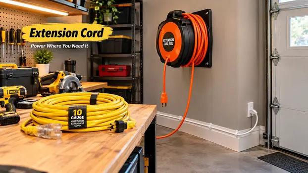 10 gauge outdoor extension cord coiled on workbench beside a wall-mounted extension cord reel in a garage