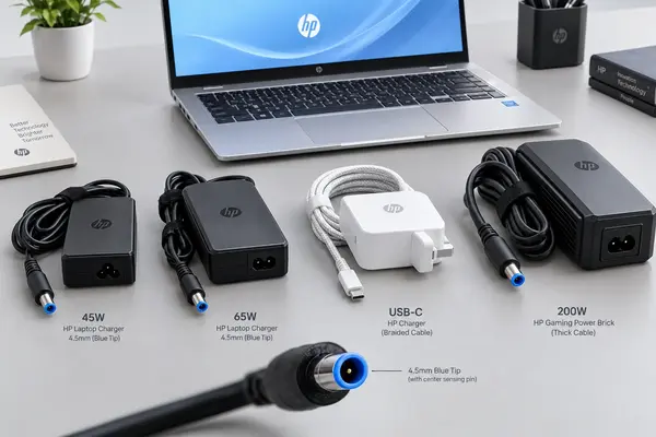 HP laptop charger types: 45W and 65W blue-tip adapters, USB-C charger, and 200W gaming brick beside an HP laptop