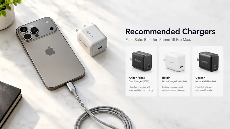 iPhone 18 Pro Max charging on a marble desk with a braided USB-C cable alongside recommended Anker, Belkin, and Ugreen GaN chargers.