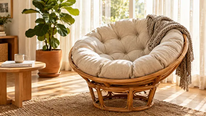 Natural rattan papasan chair with a thick tufted oatmeal cushion and throw blanket in a sunlit living room with a fiddle leaf fig plant and woven rug.