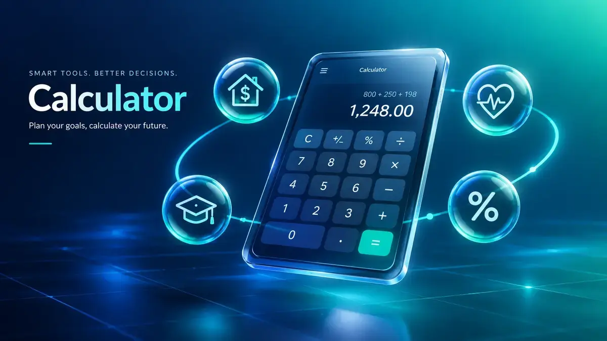 A 3D glass calculator showing 1,248.00 surrounded by glowing icons for mortgage finance, health BMI, graduation grades, and percentage math on a blue grid background.