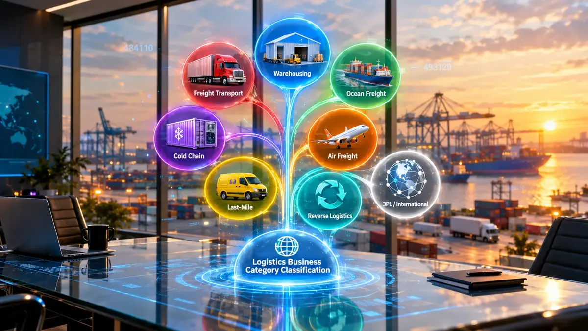 Alt Text: Holographic diagram illustrating logistics business category classification, showing eight primary sectors including freight transport, warehousing, cold chain, 3PL, and last-mile delivery.