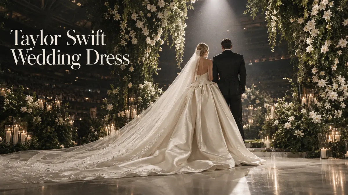 Rear view of Taylor Swift in a custom Christian Dior wedding dress with a long cathedral train standing beside Travis Kelce at Madison Square Garden.