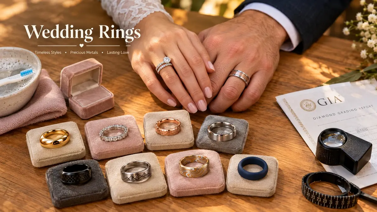 Couple holding hands wearing gold and diamond wedding rings for women and men, displayed beside unique metal bands, a GIA report, and sizing tools.