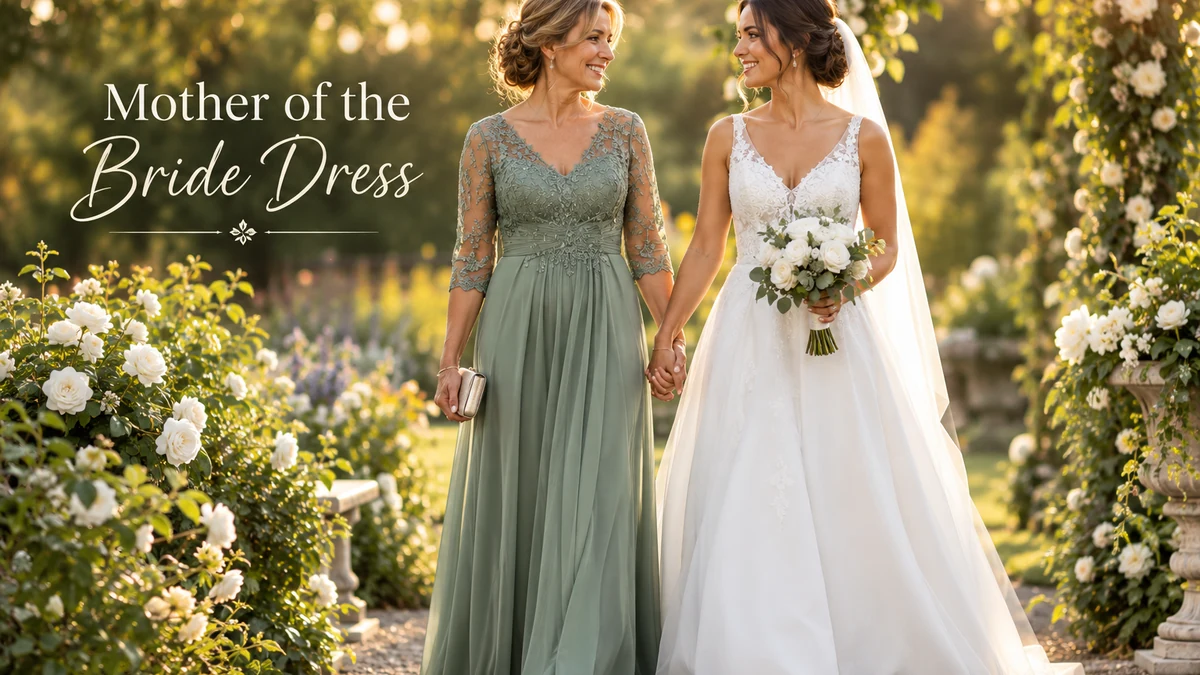 Mother of the bride wearing an elegant sage green lace and chiffon dress, holding hands with her daughter in a white wedding gown in a sunlit garden setting.