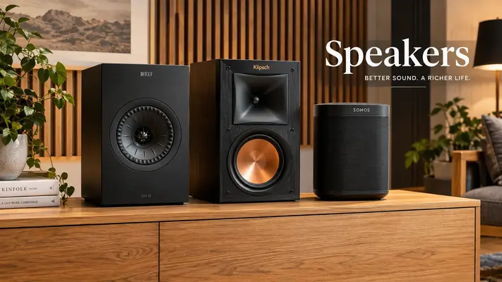 KEF Q150, Klipsch RP-600M II, and Sonos wireless speakers lined up on a wooden media console for listening tests.
