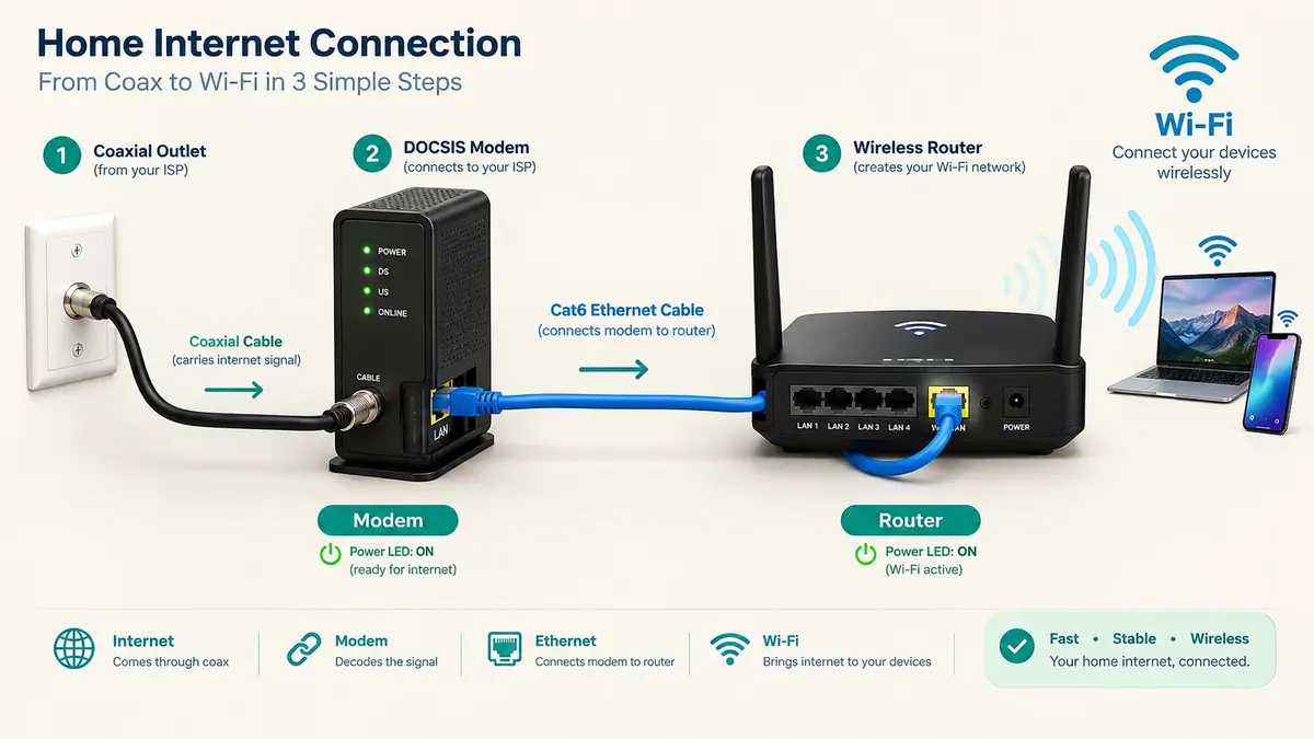 Diagram of a 3-step home WiFi setup: coaxial wall outlet connects to DOCSIS modem with coaxial cable, then Cat6 Ethernet cable links modem to router yellow WAN port, then wireless router broadcasts WiFi signal to laptop and phone