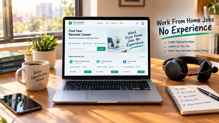 Laptop on a sunlit home office desk displaying legitimate work from home jobs no experience needed, including customer support and data entry roles.